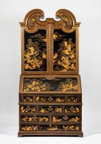 A Magnificent Chinese Export Parcel-Gilt Black Lacquer Bureau Bookcase Cabinet