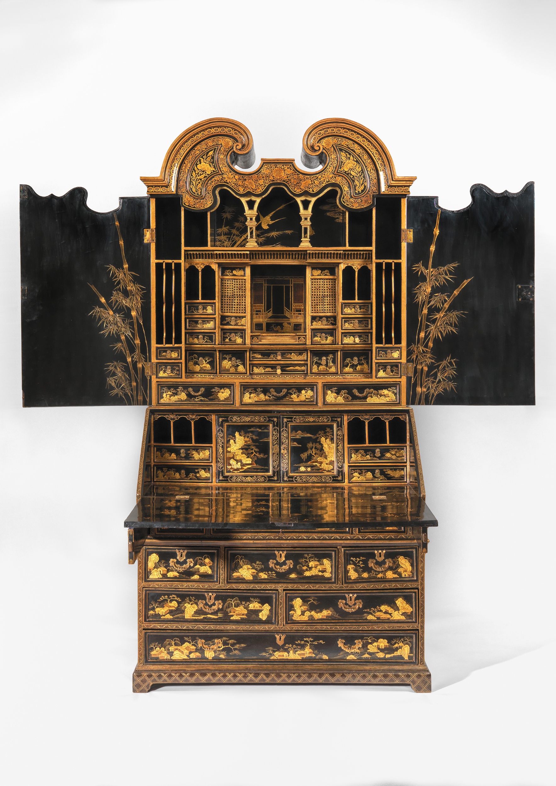 A Magnificent Chinese Export Parcel-Gilt Black Lacquer Bureau